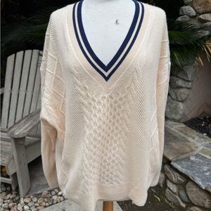 J. Crew Cream Cashmere V-Neck Sweater with Navy Trim